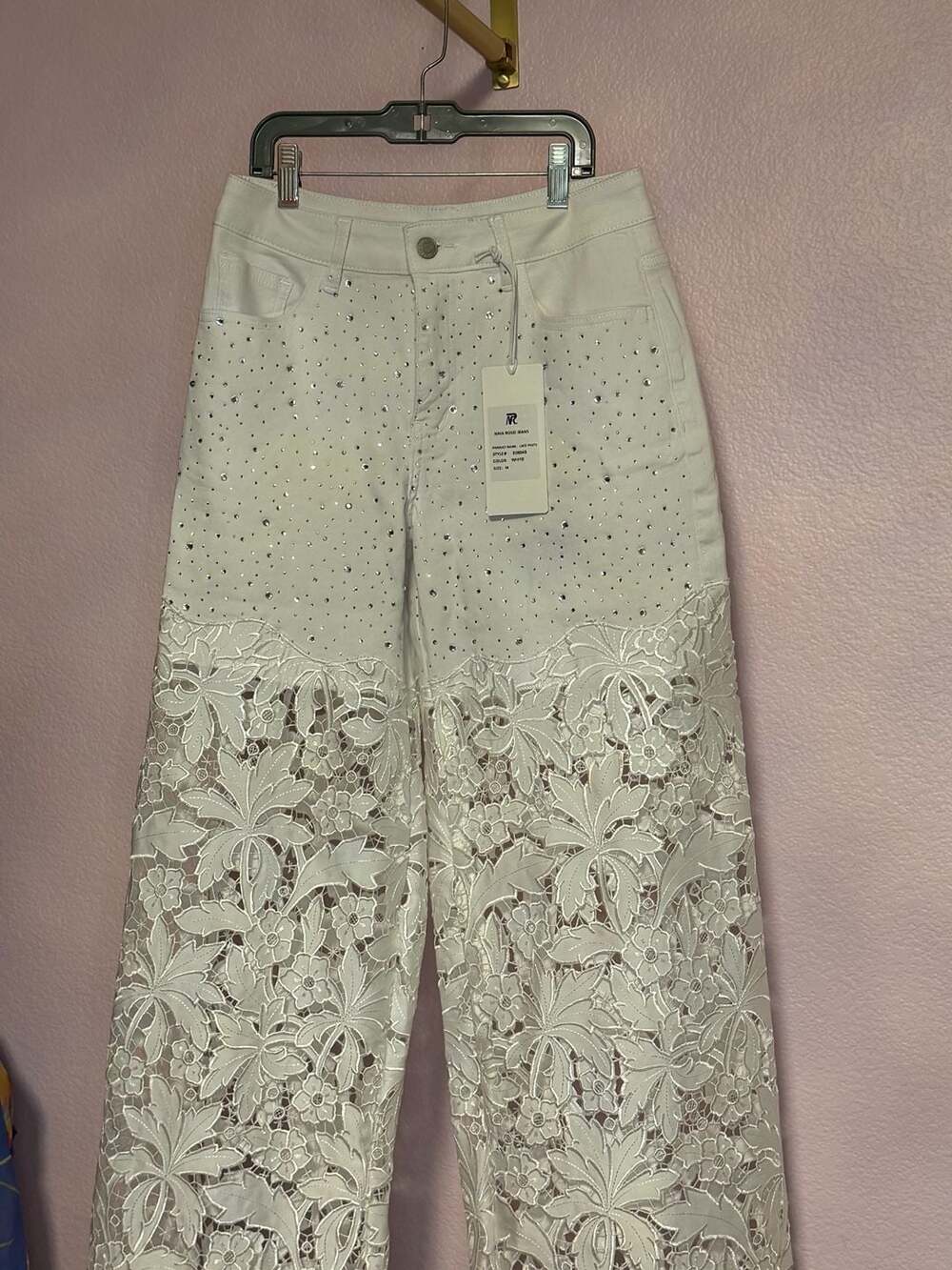 Nina Rossi Jeans Lace Pants Size M White Rhinestone Floral Cut-Out